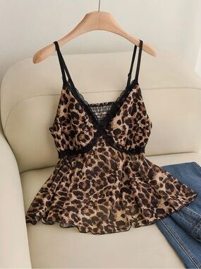Leopard Print Lace-Trim Cami Top - Brown New Boutique Lightweight Breathable
